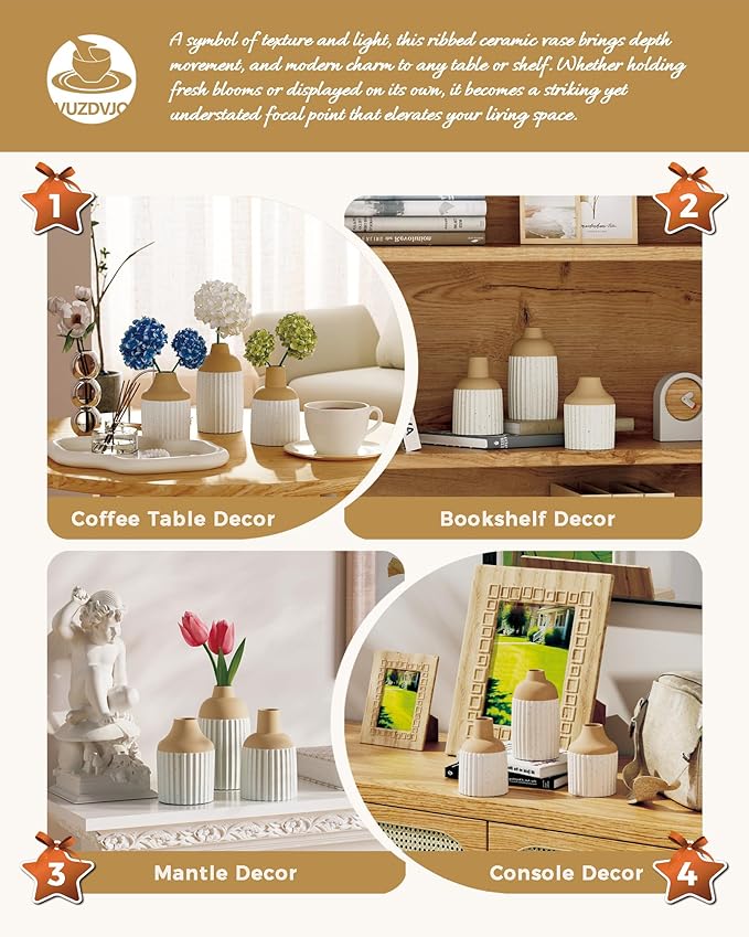 Beige Decorative Vase Set of 3 - Modern Boho Style Ribbed Ceramic Bud Vases for Flowers, Mini Small Vases for Shelf, Shelves, Bookshelf, Entryway Table & Home Decor Aesthetic (Beige White)