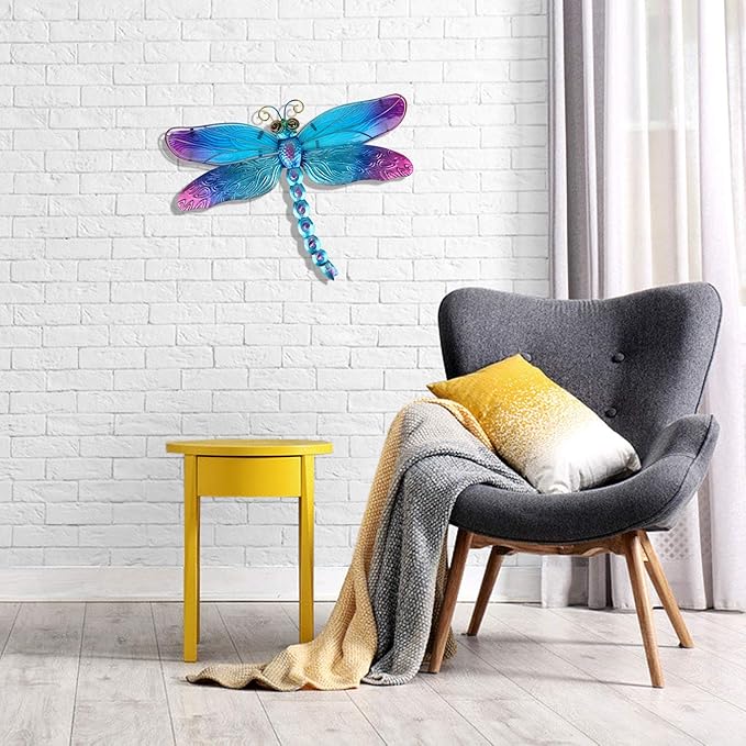 John's Studio Metal Dragonfly Wall Decor Bathroom Glass Art Iron Sculpture Outdoor Orange Hanging Decoration for Home Bedroom Garden Patio Porch or Fence - Blue