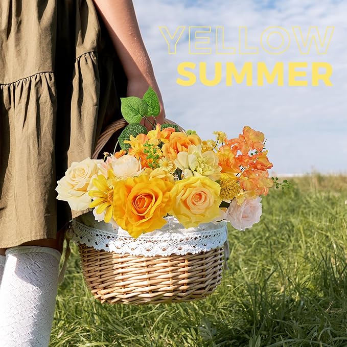 Artificial Flowers, Spring Summer Flower with Wire Stem, Fake Flowers for DIY Yellow Flower Box Wedding Bouquet Table Centerpieces Baby Shower Home Décor
