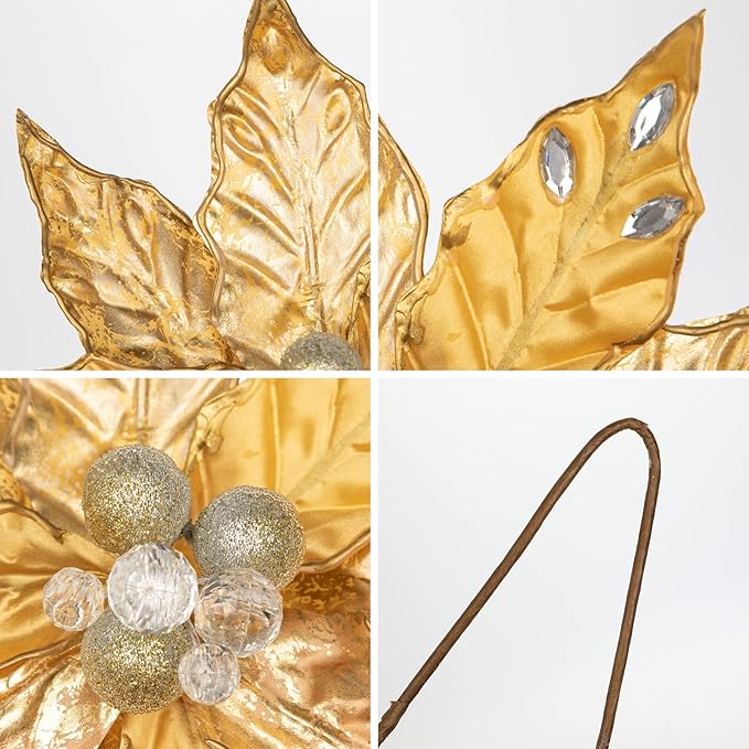 Hollyone 3PCS Poinsettia Christmas Flowers Artificial 11" Large Gold Glitter Poinsettia Flowers Christmas Tree Ornaments Floral Picks for Tree Wreath Garland Vase Table Centerpiece Home Decor
