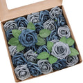 Meldel Artificial Flowers 50pcs Real Looking Dutch Blue Dusty Blue Foam Fake Roses with Stems for DIY Wedding Bouquets Bridal Shower Centerpieces Floral Arrangements Home Decorations Crafts Gifts