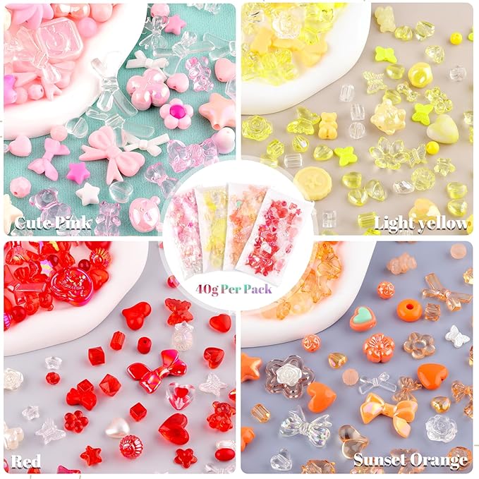 Assorted 210-270PCS Acrylic Beads for Bracelet Making, Flower Bow Candy Gummy Bear Kawaii Bracelet Charms,Cute Beads for Jewelry Making DIY Necklace Keychain Phone Charm Christmas Gift