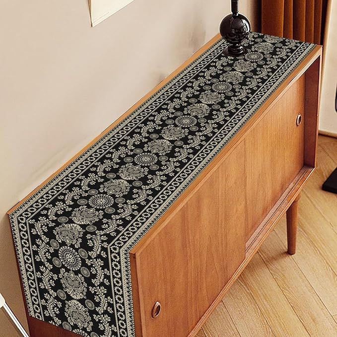 Black Paisley Table Runner, Retro Damask Boho Floral Print Linen Table Center Decor Family Kitchen Outdoor Farmhouse Holiday Party Table Decorations 13x72 inch