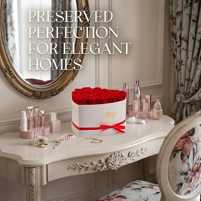 GLAMOUR BOUTIQUE Preserved Roses in a Box - Gifts for Her, Wife & Mom, Rose Flowers Forever Decor for Birthday Gift, Get Well Flower Bouquet Cased in White Box with Cover - Red - 27-Piece