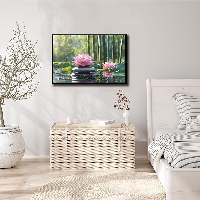 Ethereal pink lotus on obsidian Sunlit bamboo forest with sparkling water drops Poetic nature inspired wall art for tranquil homes and mindful spaces 8x12in Metal blackFramed