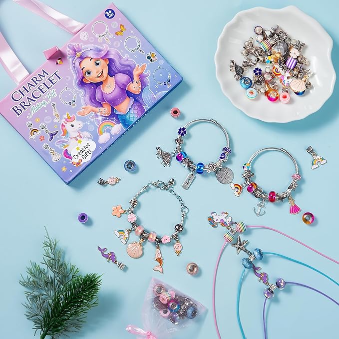 Taybonds Charm Bracelet Making Kit, DIY Jewelry Craft Toys, Creative Unicorn Mermaid Gift with Bracelets and Necklaces
