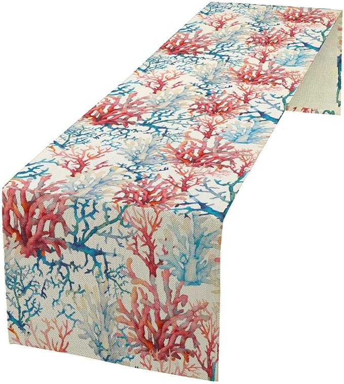 Blue Beach Table Runner, Tropical Ocean Coast Table Runner, Seashell Seasonal Nautical Restaurant Coffee Table Decorations for Home Holiday Party Indoor Outdoor 13x36 Inch