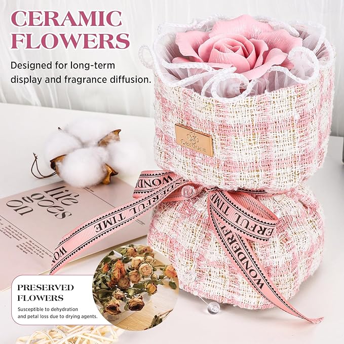 Handmade Ceramic Memorial Gift - Eternal Pink Rose Bouquet with Natural Fragrance, Ceramic Craft Artwork, Perfect for Women, Mothers, Wives, Her Birthday Gift‌