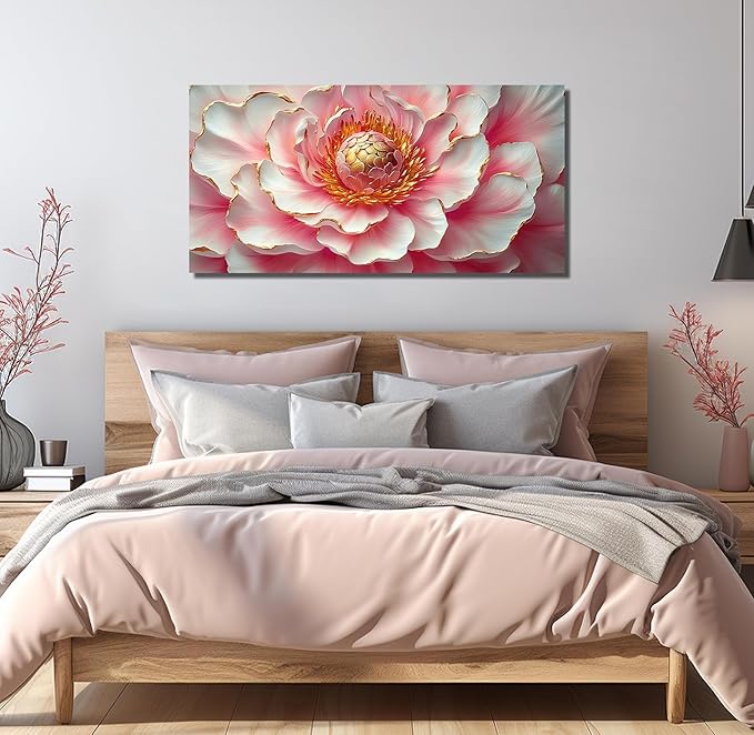Pink & White Peony Floral Canvas Wall Art with Gold Accents, Abstract Flower Pictures for Living Room Bedroom Wall Decor, Horizontal Printed Painting Artwork Home Decorations, Size 48x24 Inches