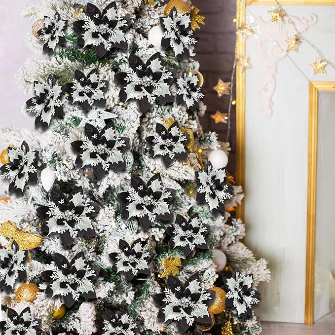 24 Christmas Glitter Artificial Poinsettia Flowers Xmas Poinsettia Artificial Wedding Flowers Decorations Xmas Tree Ornaments with Clips for Party Favors, 6 Inch, 4 Inch, 3 Inch (Black White, Gold)