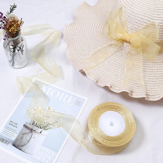 1.5 inch Sheer Organza Ribbon Gold Chiffon Ribbon for Gift Wrapping Christmas Halloween Decoration Wedding Bouquet Crafts 50 Yards