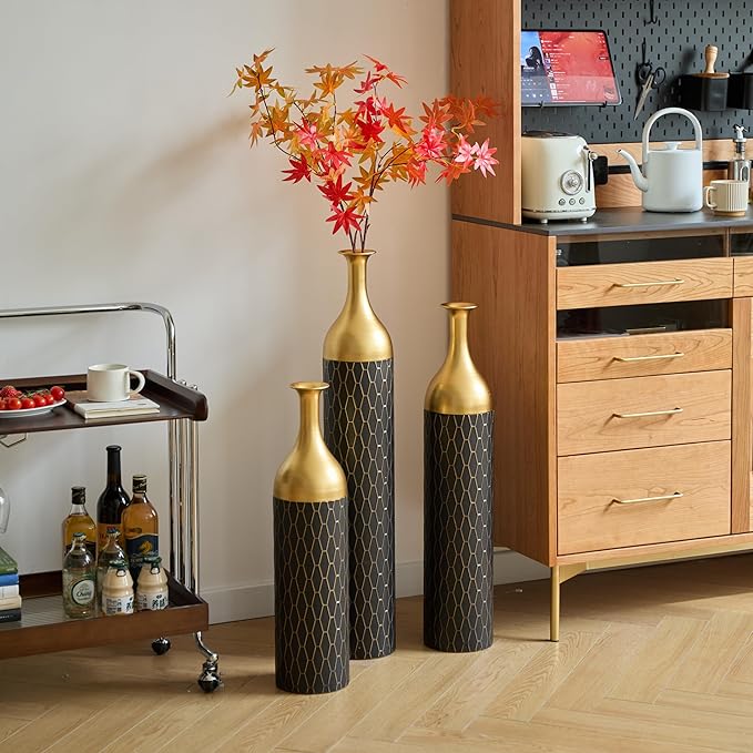 Metal Floor Vases Decorative Tall, Set of 3 Flower Arrangement Stand, Gold＆Black Metal Floor Vases for Living Room Corner, Entryway & Bedroom, 34", 30", 24.8" H (Gold＆Black)