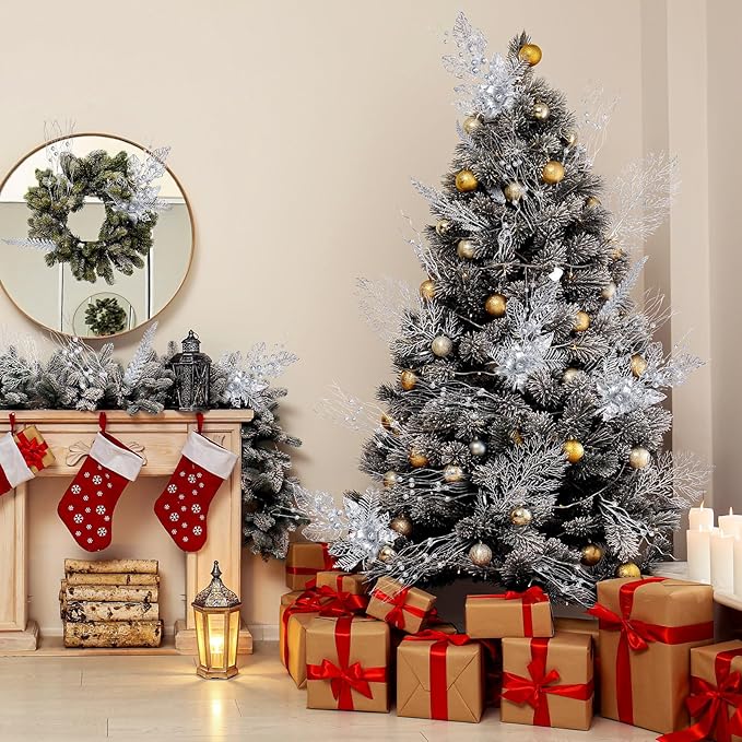 30 Pcs Artificial Christmas Tree Picks and Sprays Glitter Berry Stem Branches Holly Floral Picks Twigs Christmas Tree Ornaments for DIY Xmas Wreath Vase Filler Decorations(Silver)