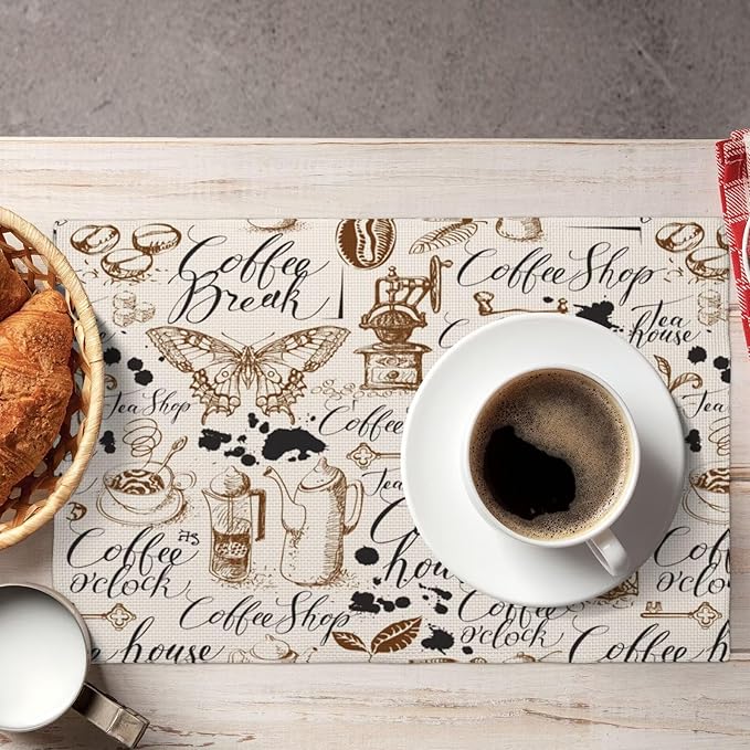 Coffee Theme Linen Placemats Set of 6 Vintage Coffee Cup Table Mats Heat Resistant Place Mats for Home Party Kitchen Dining Decoration 12x18 Inch