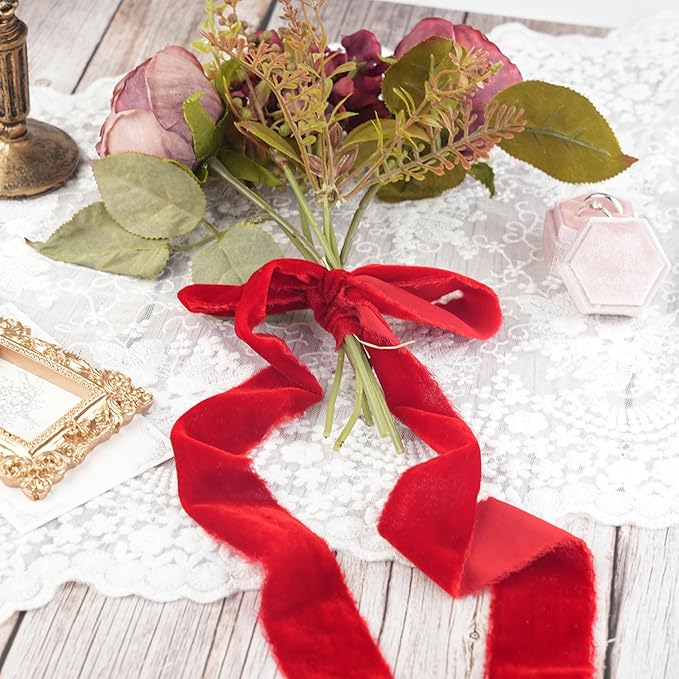 Red Velvet Ribbon for Christmas Decorations 1.5 Inch Raw Edge Rustic Frayed Silk Velvet Ribbon for Gift Wrapping Boho Wedding Vow Books -3yards