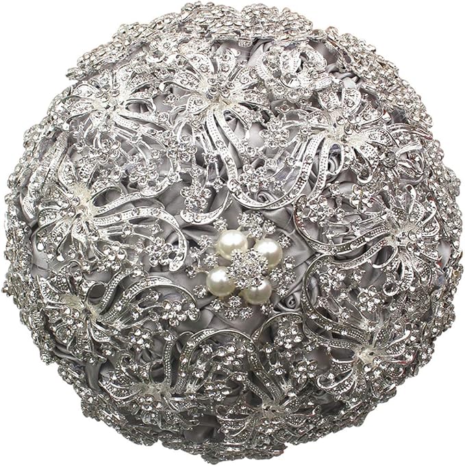 Brooch Wedding Bouquet - Luxury Bride Bouquet with Rhinestone Brooch and Crystal Handle for Elegant Weddings