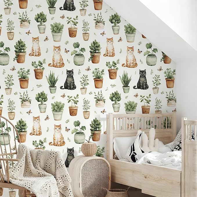 Peel and Stick Modern Cute Animal Wallpaper Removable Cat Potted Plants 17.7" x 118.11" Wall Paper Watercolor Self Adhesive Contact Paper for Classroom Bedroom Laundry Room Bathroom