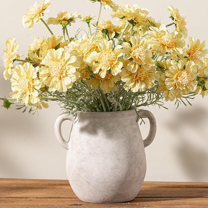 Ceramic Flower Vase Home Decor - 7.1 Inch White Rustic Table Flowers Vases Living Room Bedroom Plant Decoration Modern Farmhouse Vintage for Kitchen Shelf Office Coffee Dining Desk House Women