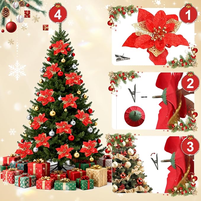 24 Pcs Christmas Poinsettia Flowers Artificial with Clips, 5.9" Christmas Decor Glitter Poinsettia Flowers for Christmas Tree New Year Wedding Party Wreath DIY Garland Decor (Red)