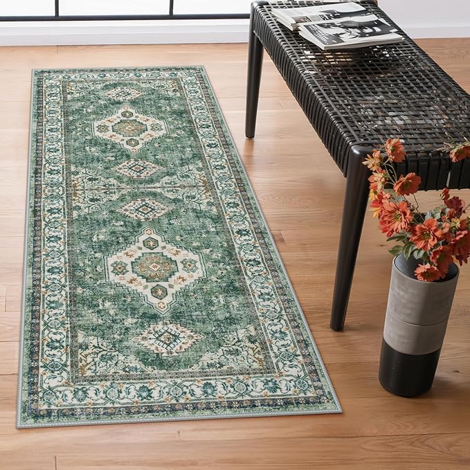 Lahome Oriental Washable Hallway Runner Rug, 2x6 Runners for Hallways Non Slip Ultra-Thin, Vintage Soft Long Carpet for Kitchen Bathroom Bedroom Laundry Room, Green/Multi