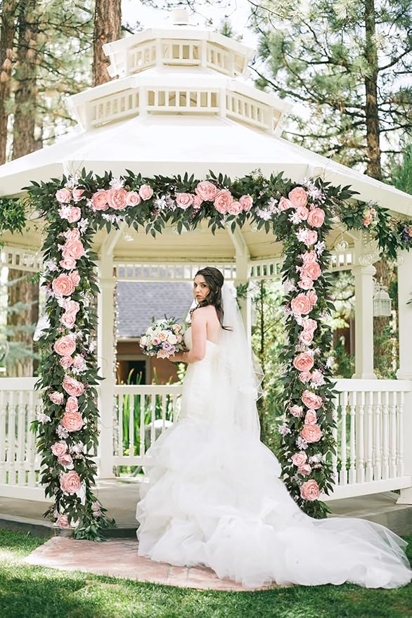 Lvydec 2 Pack Artificial Peony Flower Garland - 6ft Silk Peony Vine Willow Leaves Garland Pink Arch Flower Vine for Wedding Party Table Decoration (Pink)