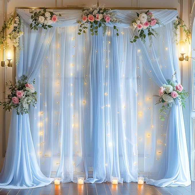 30ft x 10ft Blue Backdrop Curtain with Lights String for Parties, Sheer Tulle Wedding Photo Backdrops Drapes for Baby Shower Birthday Party Decorations Background for Photography