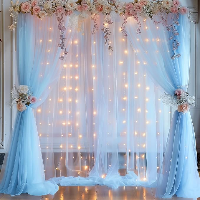 10x10ft Baby Blue Tulle Backdrop Curtain with Lights String for Parites, Sheer Backdrop Curtains for Wedding Baby Shower Birthday Party Photo Shoot Decorations