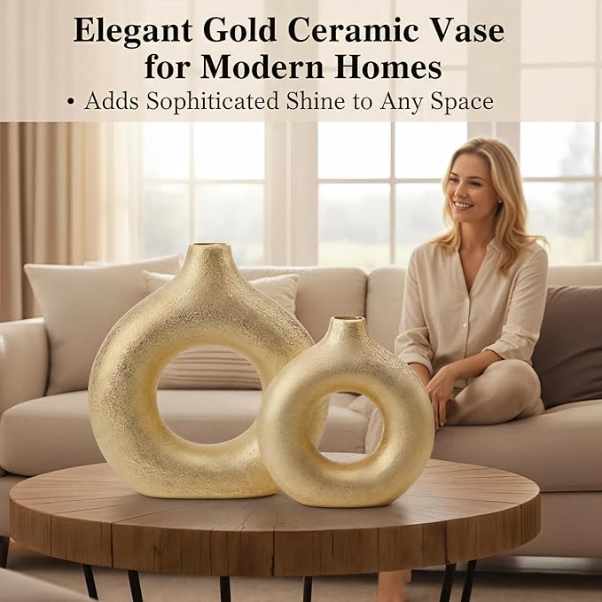 Modern Donut-Shaped Decorative Vases, Handmade Minimalist Boho ins Style, Modern Vase for Home Decor for Wedding Dinner Table Party Living Room Office Bedroom (Gold, Extra Large + Large)