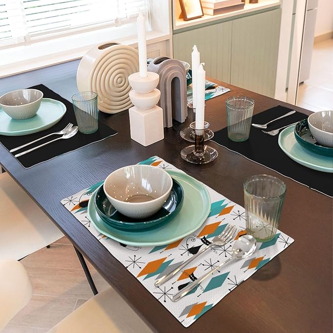 Mid Century Placemats, Modern Minimalist Art Abstract Geometric Atomic Star Explosion Black Cat Print Washable Fabric Placemats Table Kitchen Dining Party 12x18 Inch Set of 6