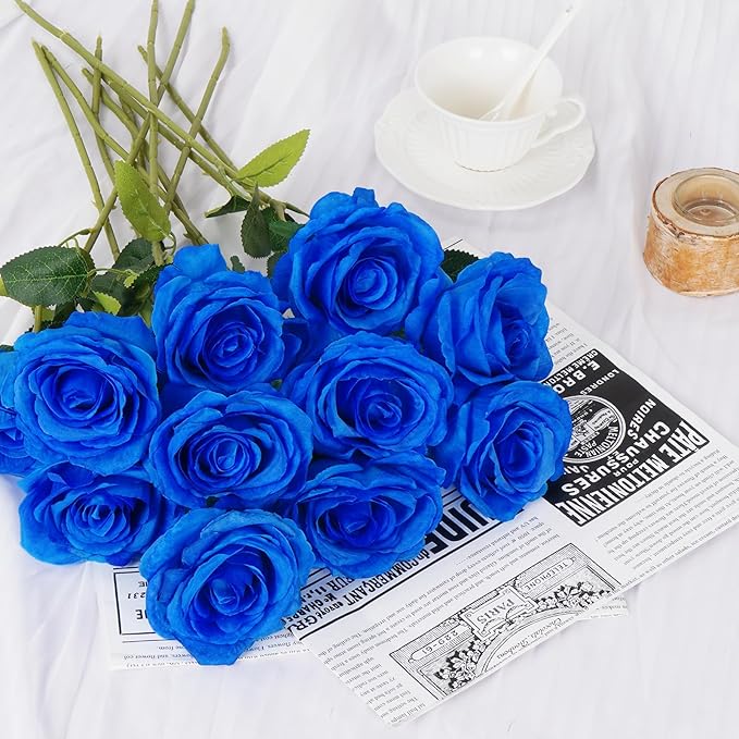 Waipfaru 16 Pcs Blue Roses Artificial Flowers, Fake Silk Roses with Long Stems, Faux Flowers for Independence Day Wedding Bouquet Centerpiece 4th of July Patriotic Decor (Royal Blue)