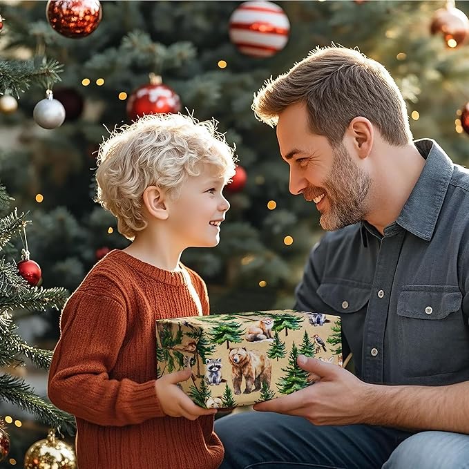 WRAPAHOLIC 30 Inch Kraft Christmas Wrapping Paper - 30 Inch x 33 Feet - Wild Animal Winterfall Watercolor and Christmas Tree Wrapping Paper Perfect for Holiday, Party Celebration
