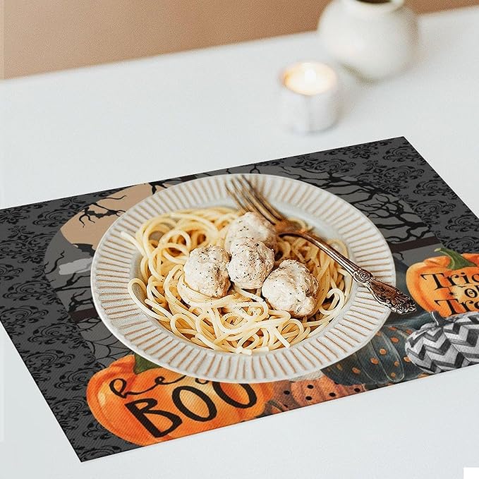 Boo Black Cat Pumpkins Halloween Placemats Gothic Dark Damask Bat Spider Web Dark Forest Funny Pumpkin Placemats Table Kitchen Dining Party 12x18 Inch Set of 6
