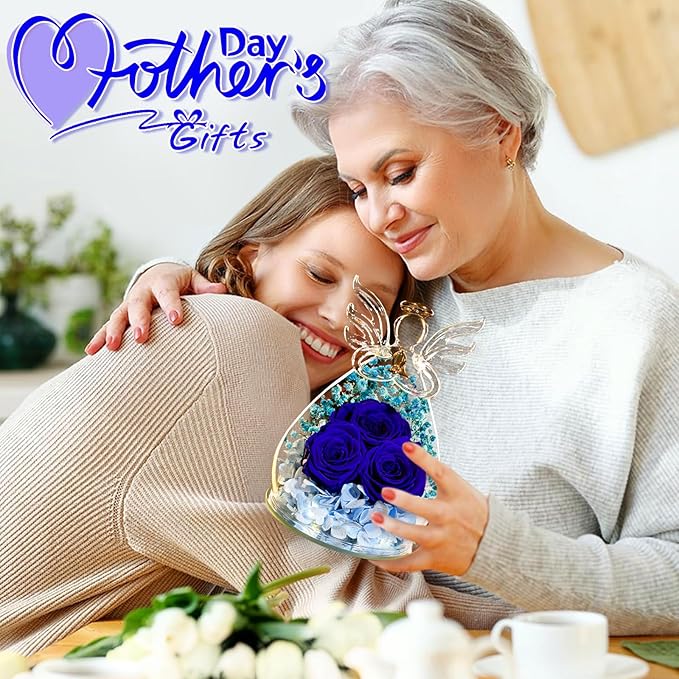 Beferr Christmas Birthday Gifts for Women, Mom Gifts for Christmas Fresh Flowers for Delivery Prime Forever Preserved Rose in Glass Angel Figurine Xmas Gifts for Grandma Wife Sister Her, Dark Blue