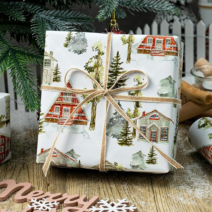 MAYPLUSS Christmas Wrapping Paper Roll - 17 In x 33 Feet - Cute Watercolor Christmas Tree Log Cabin Gift Wrap Paper for New Year, Holiday, Kids