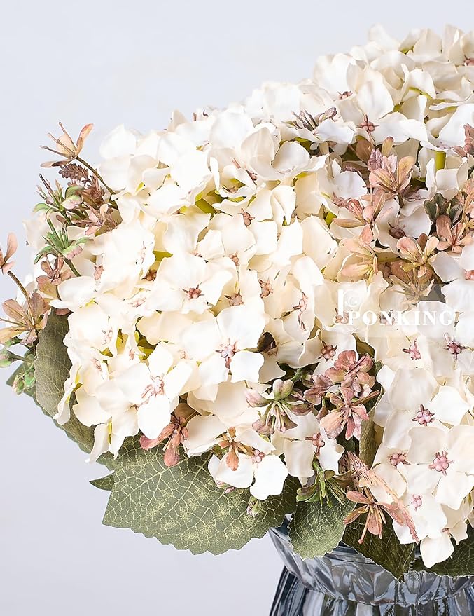 Hydrangea Artificial Flower 3pcs Realistic Faux Silk Hydrangeas Fake Flowers Bouquets Arrangements Decor for Wedding Spring Mother's Day, Home Table Decorations, White Flower