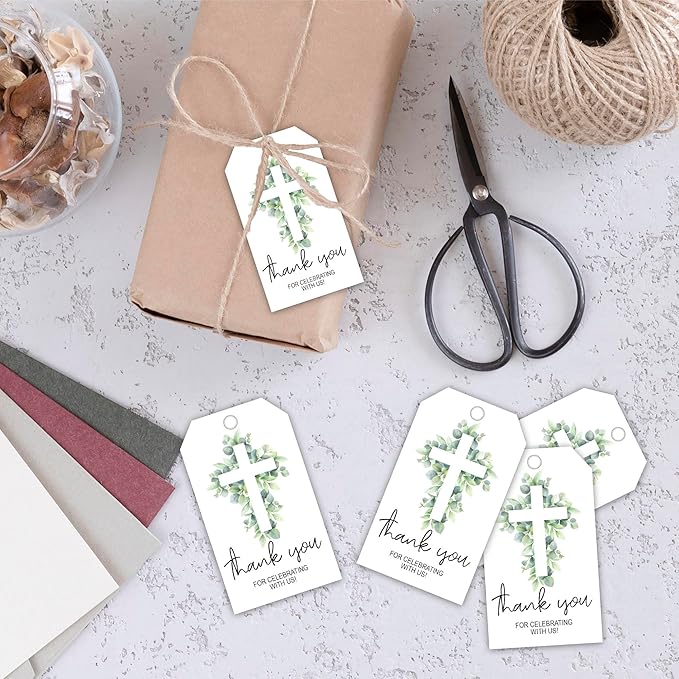 Thank You for Celebrating with Us Tag, 50 Pcs Baptism Lables, 2x3 Inch Baptism Gift Tags with String for Wedding Birthday Baby Shower Bridal Shower, Party Decoration, Cross Eucalyptus-A03