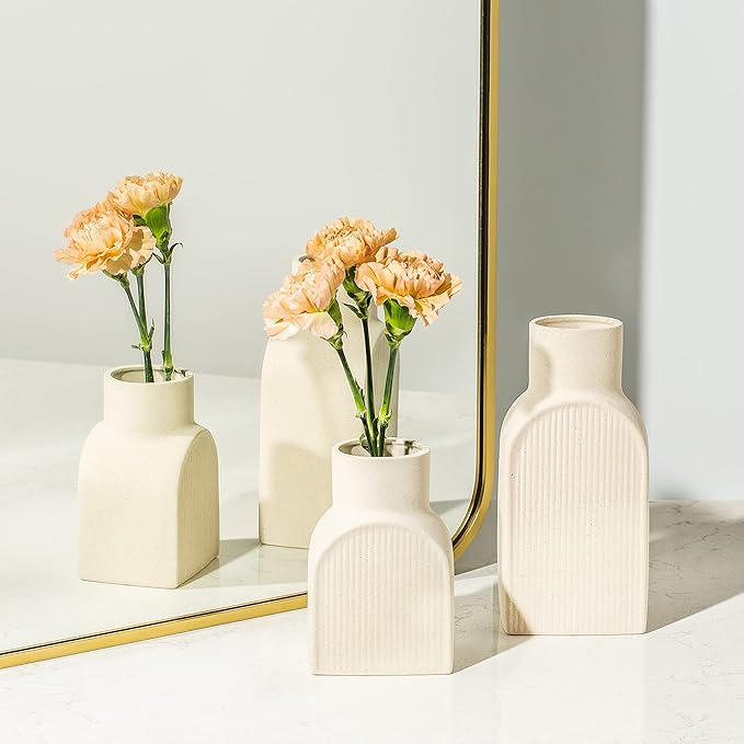 Ceramic Ribbed Vases - 2 Piece Set, Small and Large Vase, Bottle Flower Planter Set. Scandi Style Home Decor. Neutral Cream Home Decor, Coastal Decor for Home, Centerpiece for Table
