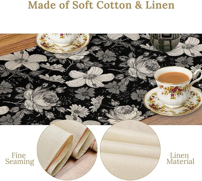 Black Floral Table Runner, Abstract Vintage Black White Floral Plants Leaves Boho Dark Gothic Garden Table Runner for Indoor Outdoor Party Wedding Decor, 13x108inch