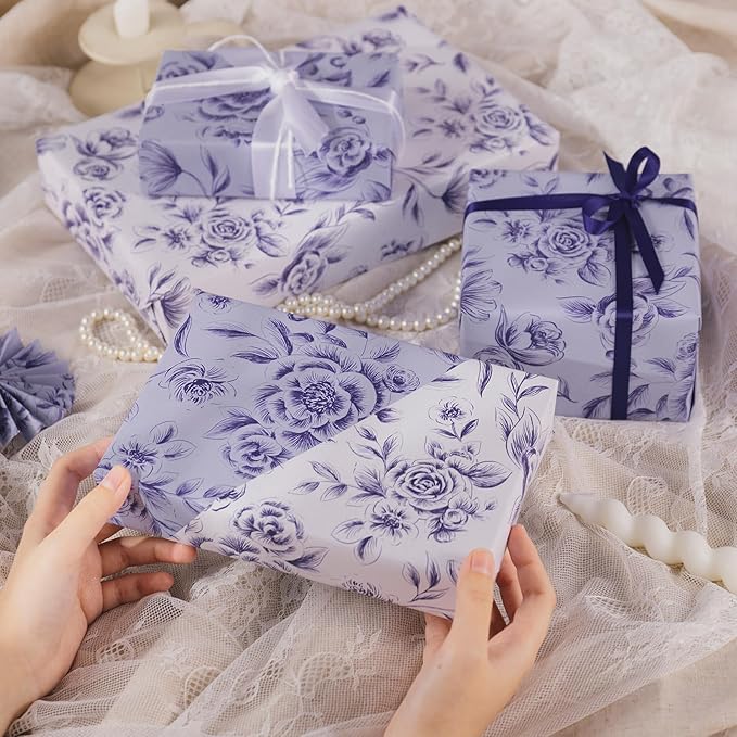 WRAPAHOLIC 30 Inch Reversible Floral Wrapping Paper Roll - 30 Inch x 33 Feet - Purple Flower Wrapping Paper for Wedding, Bridal Shower, Mother's Day, Birthday, Baby Shower