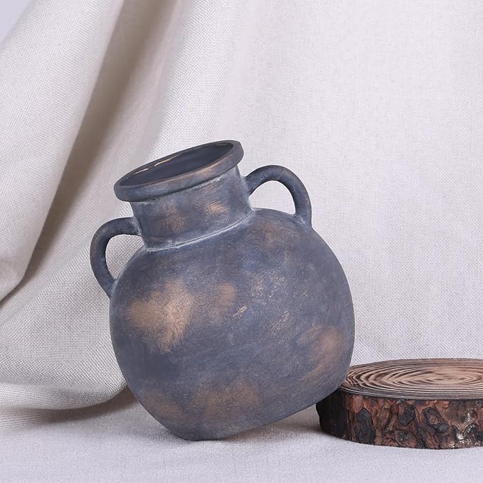 5.9in Rustic Ceramic Farmhouse Flower Small Vase, Black Terracotta Pottery Decorative Vases Distressed, Round Vases with Handles for Home Wabi Sabi Coffee Table Entryway Decor or Kitchen Utensils