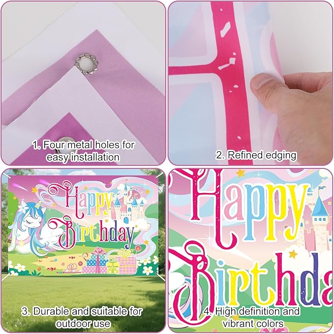 Unicorn Birthday Backdrop Banner, 150x100cm/59x39.37 Inch Happy Birthday Cartoon Theme Decoration Rainbow Unicorn Background Banner Photo Props for Party Girl Kid
