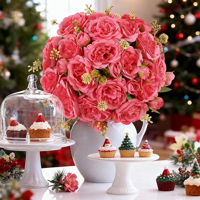 12 Packs Artificial Peonies Silk Flowers: Faux Peony Bouquet 12 Bundles, Fake Peonies Flowers Bulk for Centerpiece Table Wedding Party Home Decor for Christmas Decoration (Rose Red)