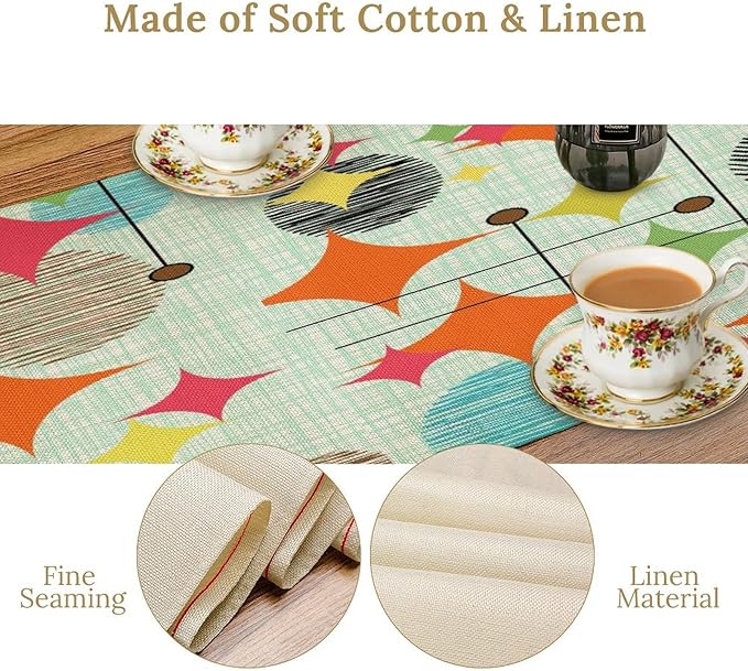 Mid Century Table Runner,Abstract Retro Modern Geometric Colorful Stripe Pattern Print Tablecloth Burlap for Hotel Indoors Outdoor Dining Room Kitchen Holiday Party, 13x108in
