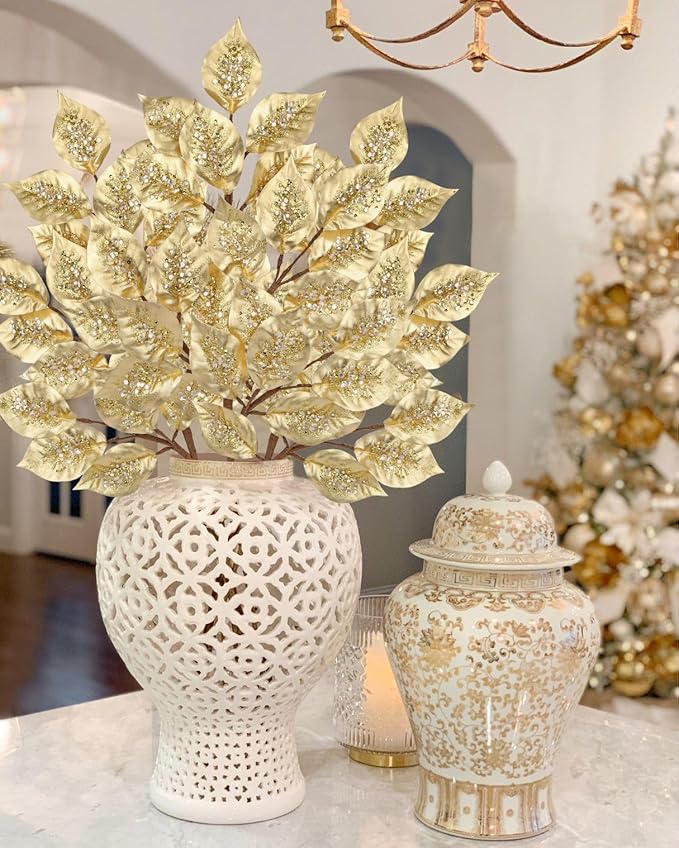 Christmas Tree Picks and Sprays 31.5" Gold Atrificial Elm Leaves with Stems 3 Pcs Christmas Picks for Tree Gold Vase Fillers Golden Leaf Decor for DIY Xmas Trees Centerpieces Wedding Bouquet Decor