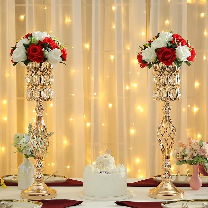 24in Metal Diamond Crystal Wedding Centerpiece Vases for Tables Set of 2, Gold Versatile Tall Flower Holders Centerpiece Flower Stands for Wedding Party Reception Dining Room Living Room Décor