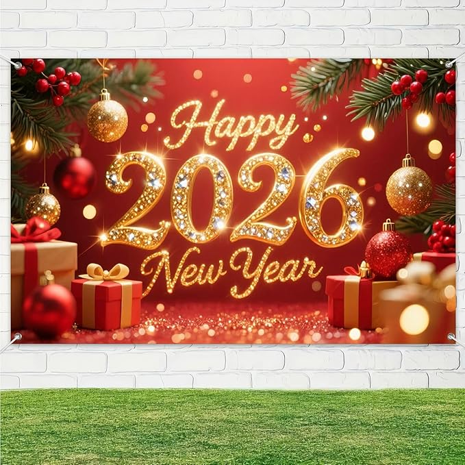 2026 Happy New Year Banner 71x43 Inch Red Gold Christmas Ball Holiday Party Wall Decoration Glitter Photo Backdrop for Indoor Countdown Celebration Home Event and Festive Background Display