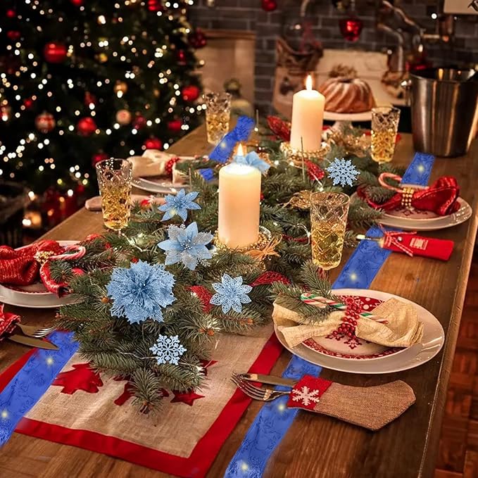 72Pcs Poinsettia Christmas Flowers with Ribbon - 9 Styles Glitter Artificial Poinsettia Christmas Ornaments for Wreath, Garland, Holiday Decor (Blue)