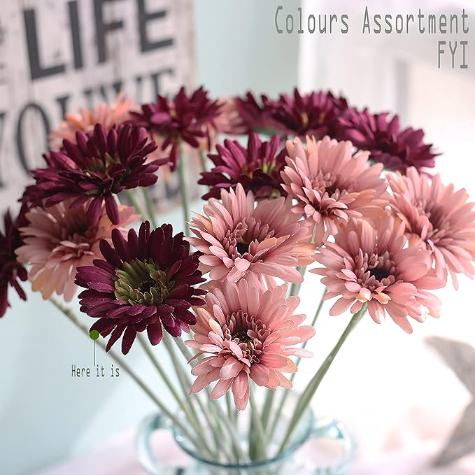 12pcs Artificial Gerbera Daisies,22 Inch Long Stem Silk Daisy Flowers,Realistic Artificial Flower Mums for Home Décor Centerpiece Wreath Supplies Wedding Bouquet,Magenta