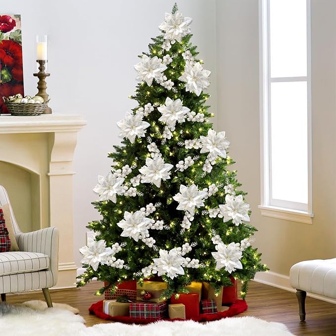 50pcs Glitter Poinsettia Christmas Ornaments, Artificial Flowers with Clips Stems for DIY Wreath Making, Holiday Home Party Decorations, Indoor Use (White)