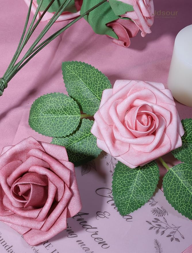50pcs Artificial Flower，Real Touch Foam Roses w/Stem DIY for Wedding Bouquet Centerpieces Party Shower Home Decor-Shabby Rose Pink